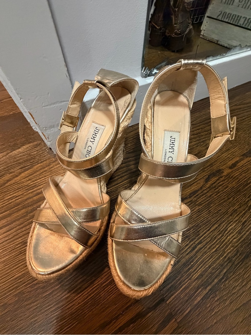JIMMY CHOO Metallic Gold Espadrille Wedge Sandals - Women's